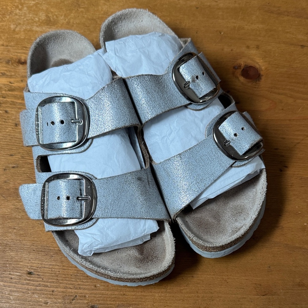 Arizona Birkenstock Big Buckle 38 7.5 washed metallic baby denim blue sandals